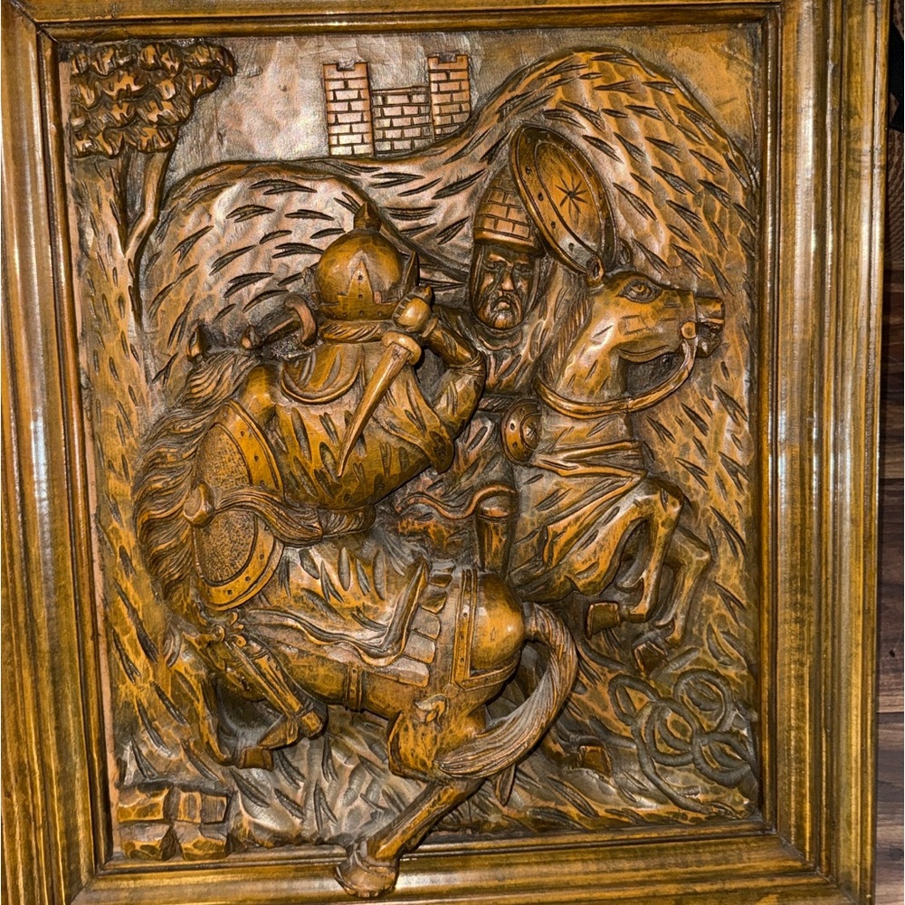 Antique hand-craved wood wall panel- night and horse battle scene